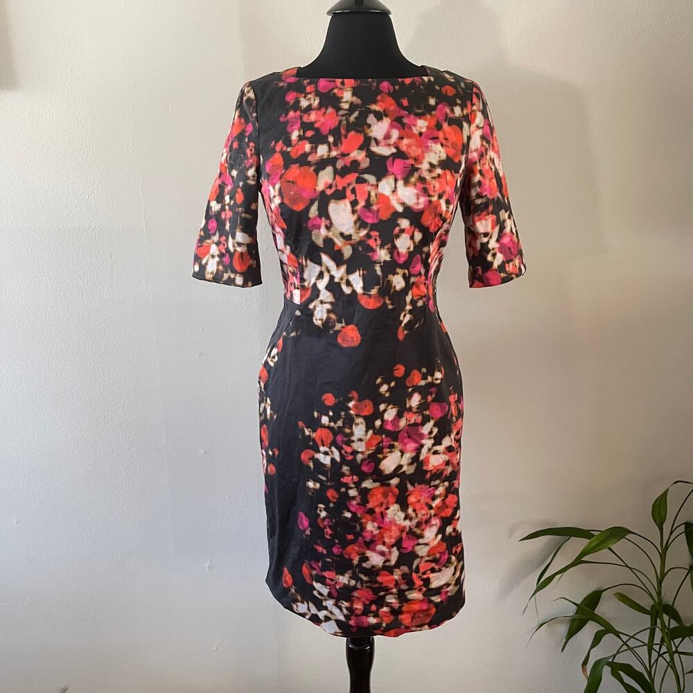 LK Bennett Leticia Floral Sheath Dress 6 Black Pink Orange Optic Print Cocktail